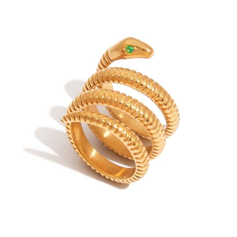 J&D 18K Gold Plate Stainless Steel Rings Trendy Waterproof Punk Style Zircon Four Layer Snake Ring
