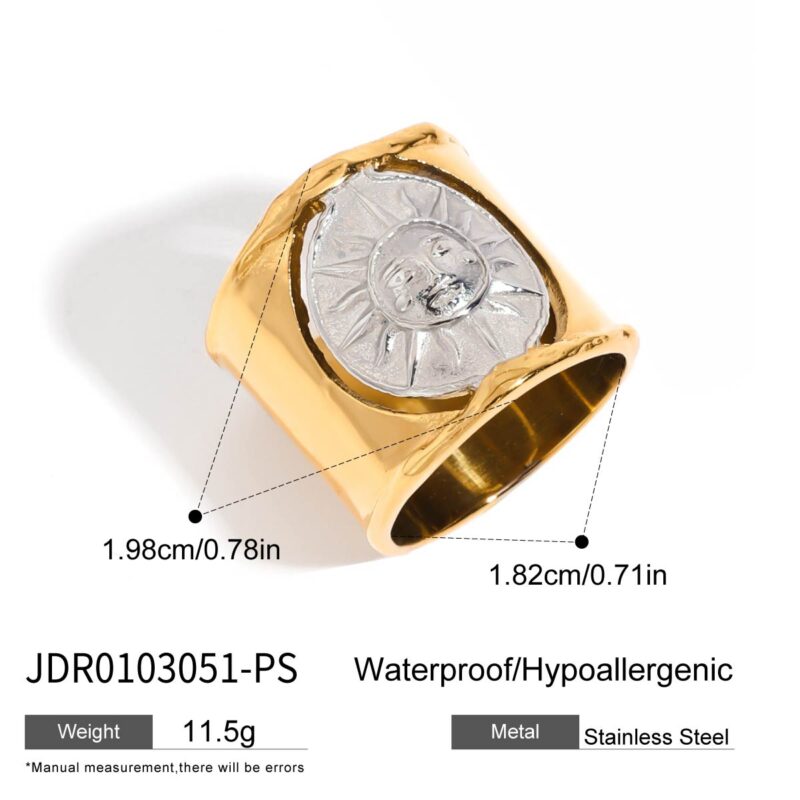 J&D Waterproof 18k Gold Electroplated Stainless Steel Tarnish Free Vintage Sun and Moon Two Tone Statement Ring - Image 5