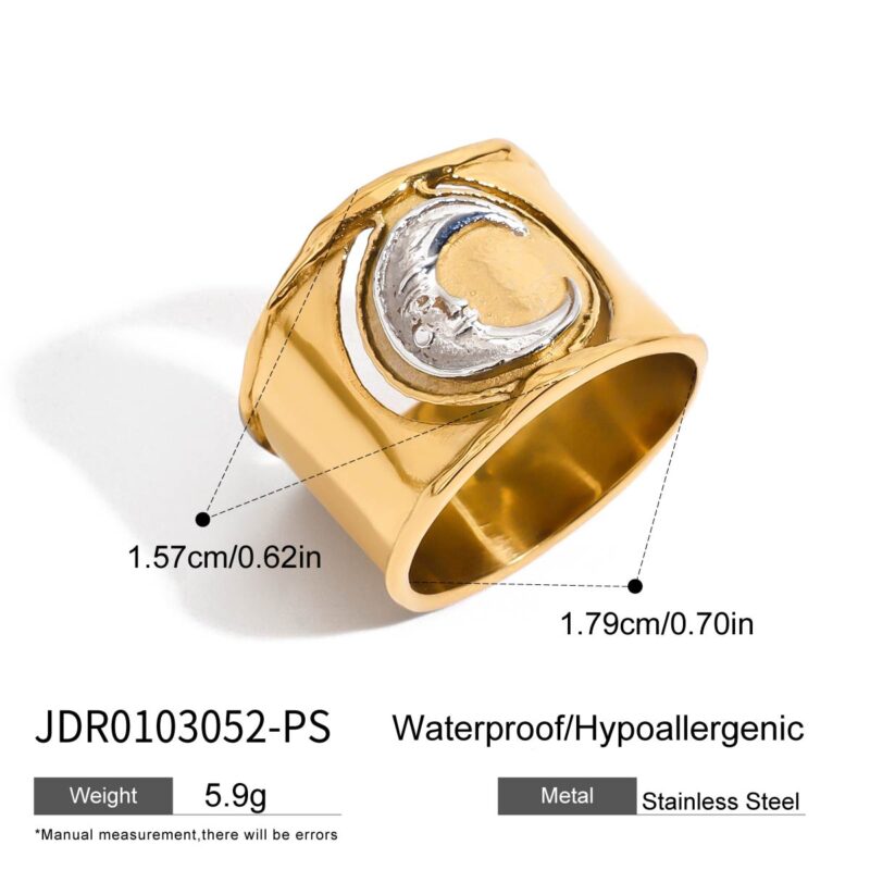 J&D Tarnish Free 18k Gold Plated Stainless Steel Trendy Waterproof Two Tone Moon Statement Rings - Image 4