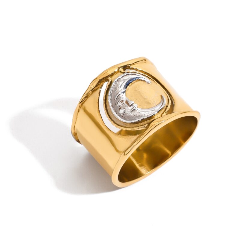 J&D Tarnish Free 18k Gold Plated Stainless Steel Trendy Waterproof Two Tone Moon Statement Rings