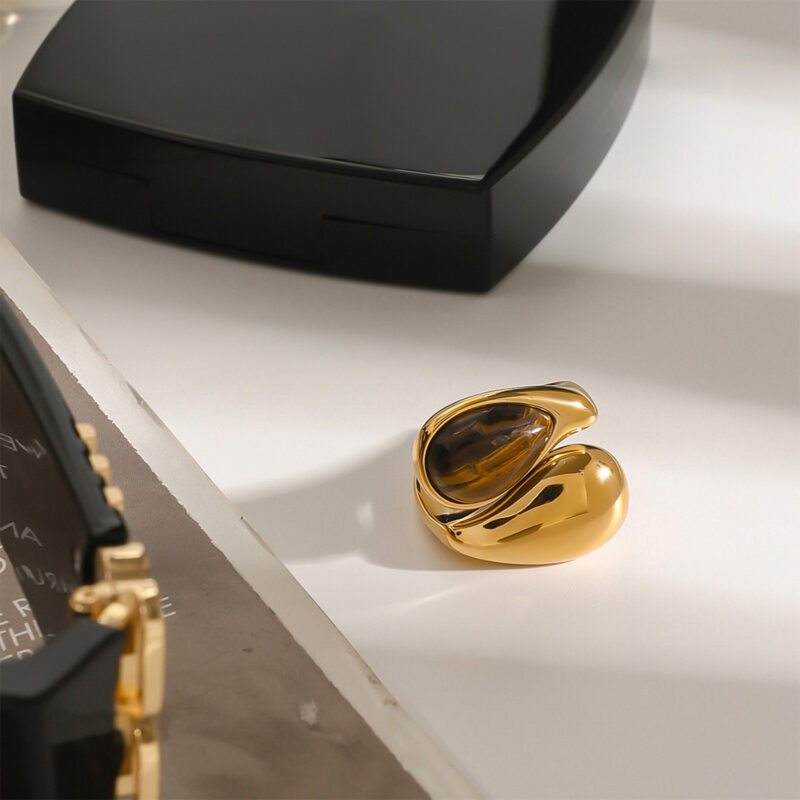 Elegant Style Tiger Eye Stone Drop Ring 18K Gold Stainless Steel Waterdrop Inlaid Fashionable Open Ring Jewelry - Image 4