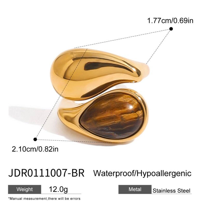 Elegant Style Tiger Eye Stone Drop Ring 18K Gold Stainless Steel Waterdrop Inlaid Fashionable Open Ring Jewelry - Image 5