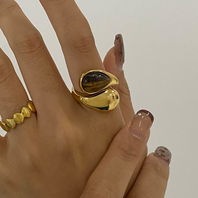 Elegant Style Tiger Eye Stone Drop Ring 18K Gold Stainless Steel Waterdrop Inlaid Fashionable Open Ring Jewelry - Image 3