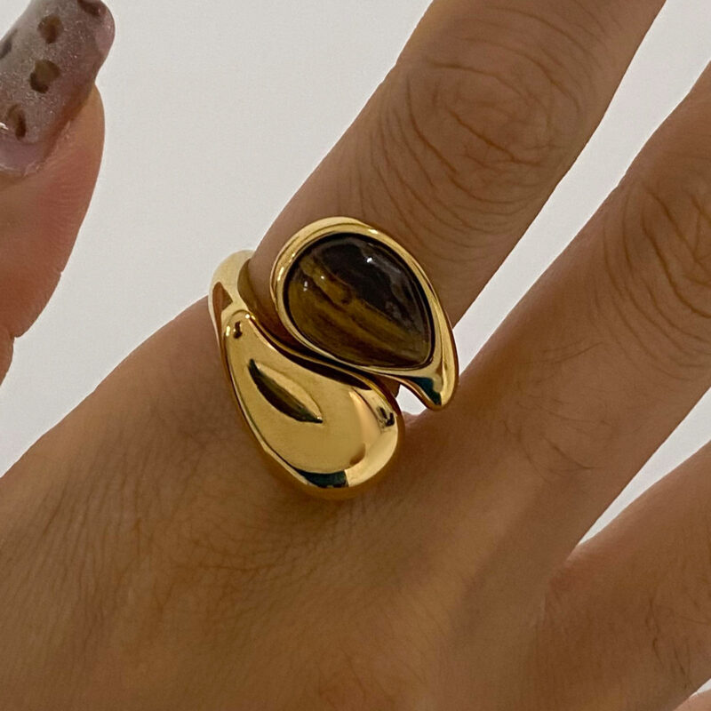 Elegant Style Tiger Eye Stone Drop Ring 18K Gold Stainless Steel Waterdrop Inlaid Fashionable Open Ring Jewelry - Image 2
