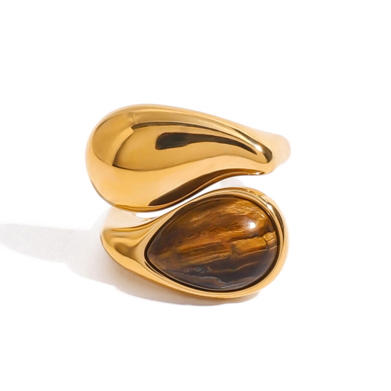 Elegant Style Tiger Eye Stone Drop Ring 18K Gold Stainless Steel Waterdrop Inlaid Fashionable Open Ring Jewelry