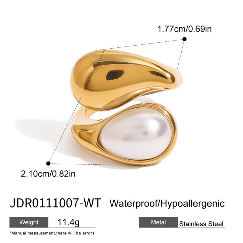 Elegant Style Faux Pearl Drop Ring 18K Gold Stainless Steel Waterdrop Inlaid Minimalist Fashion Open Ring for Women - Image 5