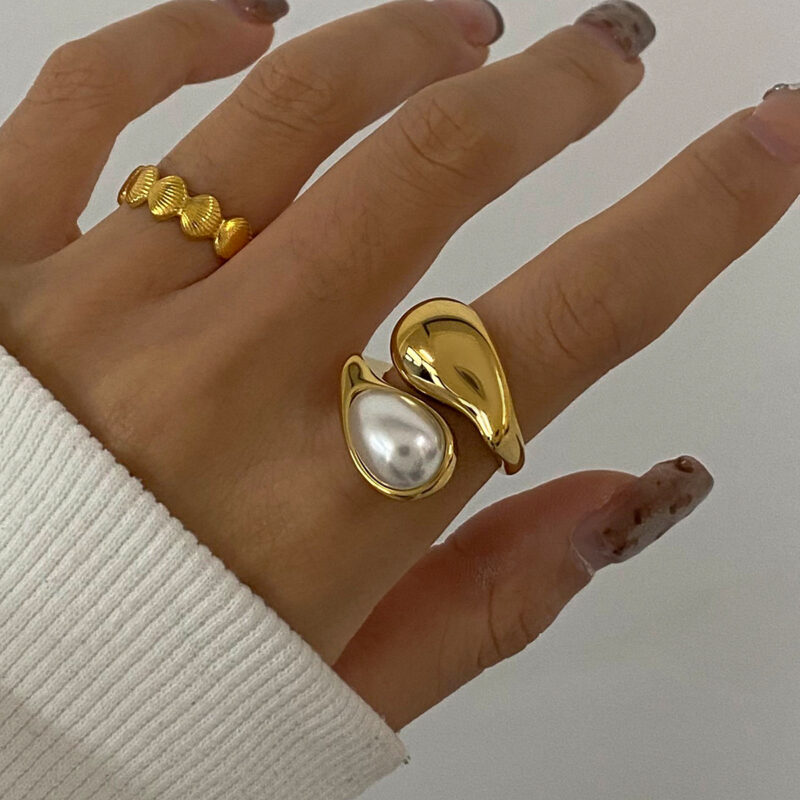 Elegant Style Faux Pearl Drop Ring 18K Gold Stainless Steel Waterdrop Inlaid Minimalist Fashion Open Ring for Women - Image 2