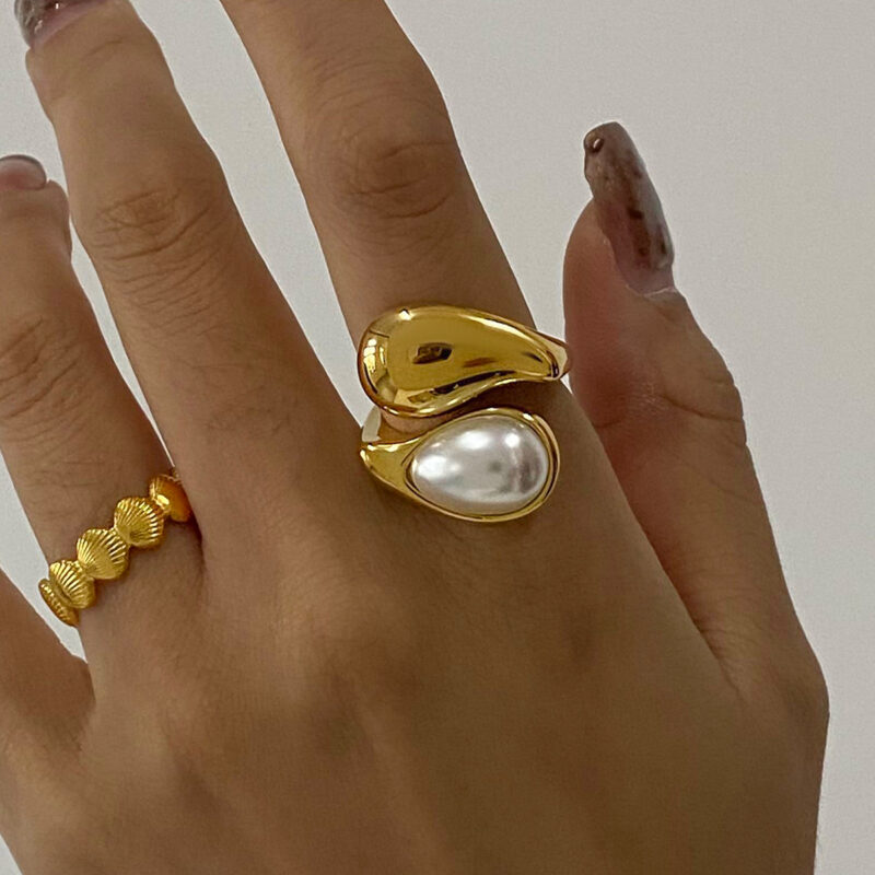 Elegant Style Faux Pearl Drop Ring 18K Gold Stainless Steel Waterdrop Inlaid Minimalist Fashion Open Ring for Women - Image 3