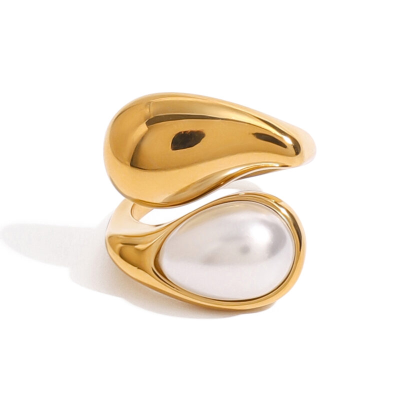 Elegant Style Faux Pearl Drop Ring 18K Gold Stainless Steel Waterdrop Inlaid Minimalist Fashion Open Ring for Women