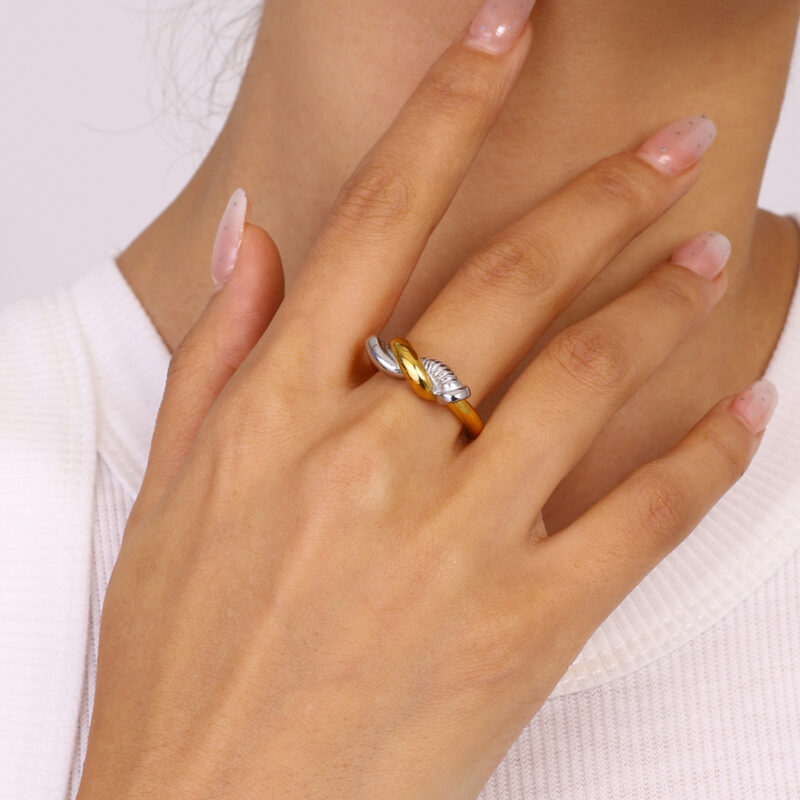 Ladies modern minimalist 18k PVD gold stainless steel gold and silver color matching nail wound split ring - Image 2