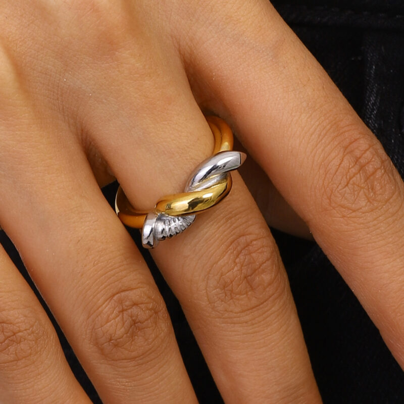 Ladies modern minimalist 18k PVD gold stainless steel gold and silver color matching nail wound split ring - Image 3