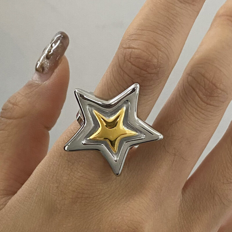 18k gold stainless steel gold and silver color matching smooth star ring - Image 3