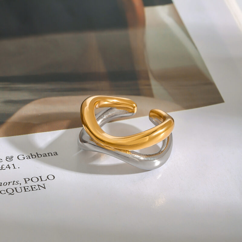 18K Gold Stainless Steel Two-Tone Geometric Open Adjustable Double Layer Hollow Statement Ring - Image 3