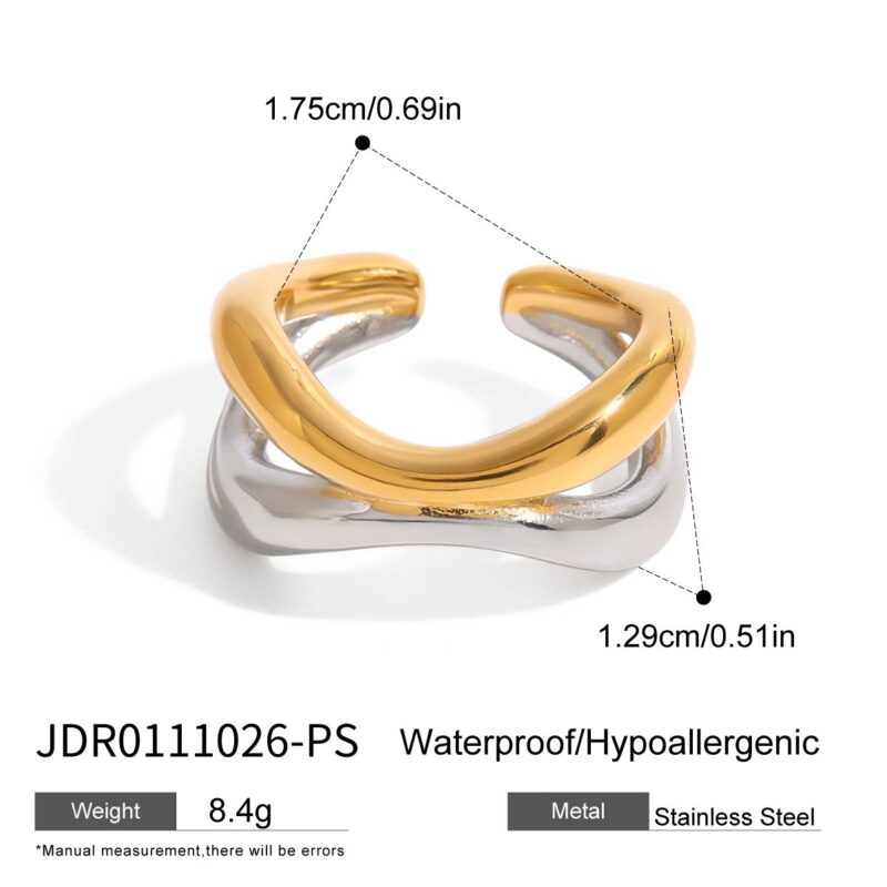 18K Gold Stainless Steel Two-Tone Geometric Open Adjustable Double Layer Hollow Statement Ring - Image 4