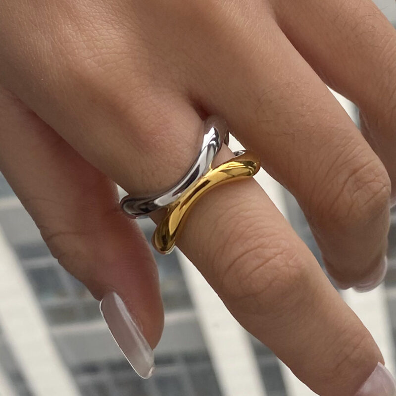 18K Gold Stainless Steel Two-Tone Geometric Open Adjustable Double Layer Hollow Statement Ring - Image 2
