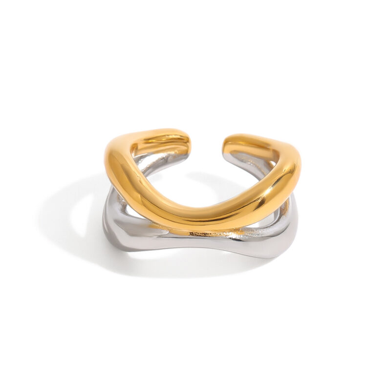 18K Gold Stainless Steel Two-Tone Geometric Open Adjustable Double Layer Hollow Statement Ring
