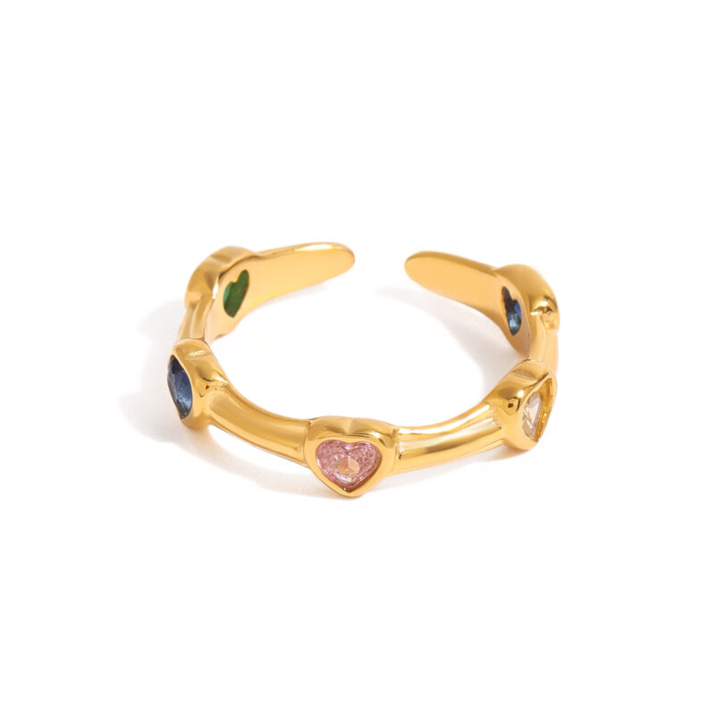 18K Gold Stainless Steel Adjustable Vintage Romantic Jewelry Heart Shape Colorful Zircon Open Ring