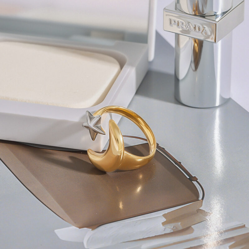 18K Gold Stainless Steel Adjustable Polished Minimalist Fashion Jewelry Two-Tone Star Moon Open Ring - Image 3