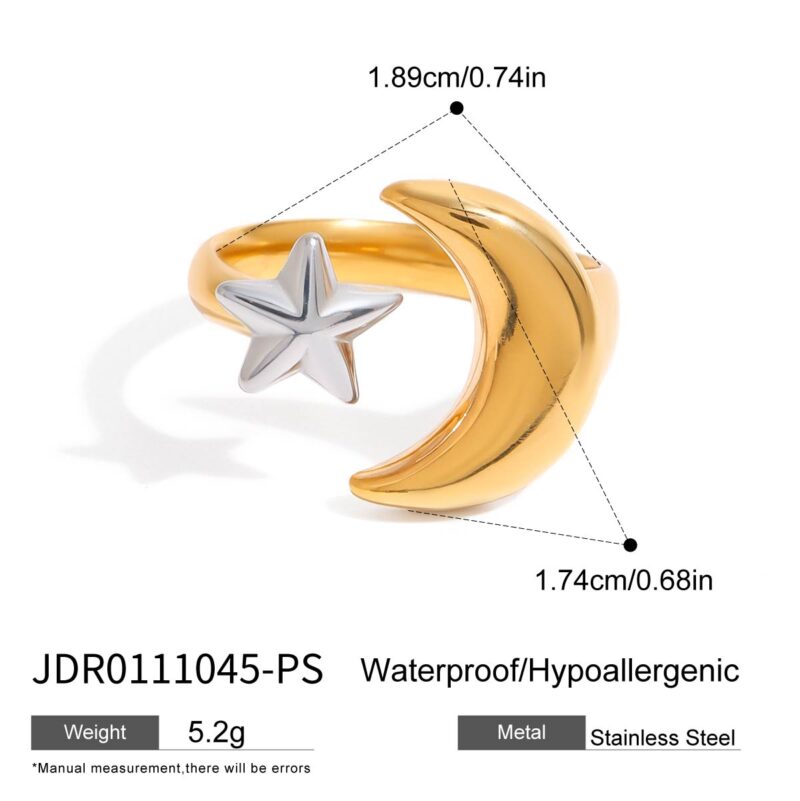 18K Gold Stainless Steel Adjustable Polished Minimalist Fashion Jewelry Two-Tone Star Moon Open Ring - Image 5