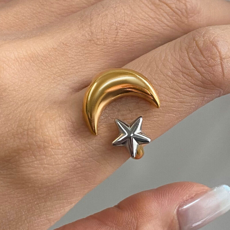 18K Gold Stainless Steel Adjustable Polished Minimalist Fashion Jewelry Two-Tone Star Moon Open Ring - Image 2