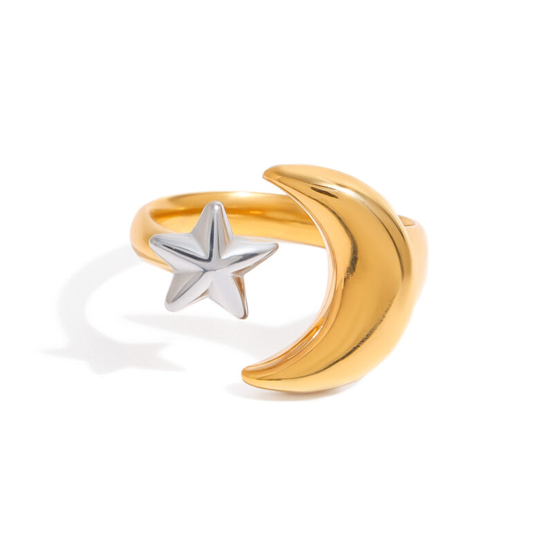 18K Gold Stainless Steel Adjustable Polished Minimalist Fashion Jewelry Two-Tone Star Moon Open Ring