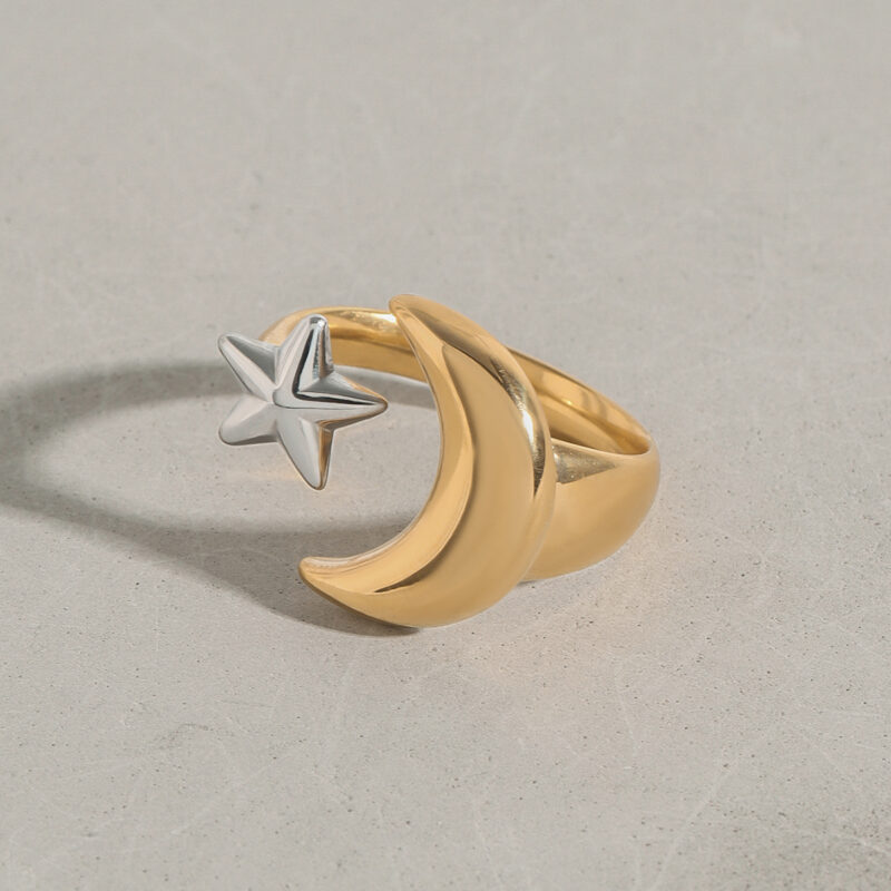 18K Gold Stainless Steel Adjustable Polished Minimalist Fashion Jewelry Two-Tone Star Moon Open Ring - Image 4