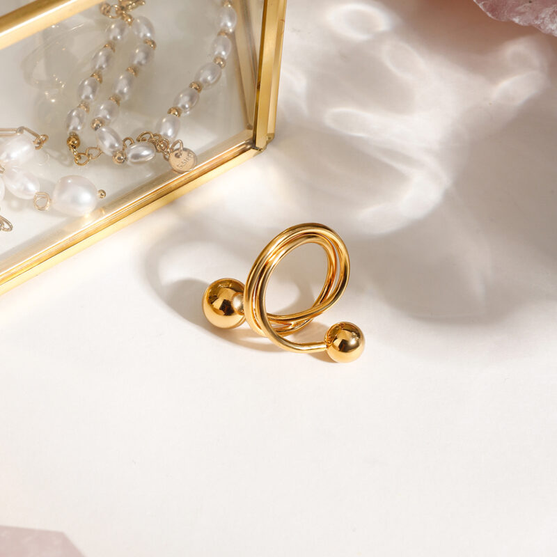Modern 18K Gold Stainless Steel Personalized Ball Three-Layer Line Winding Rings - Image 6