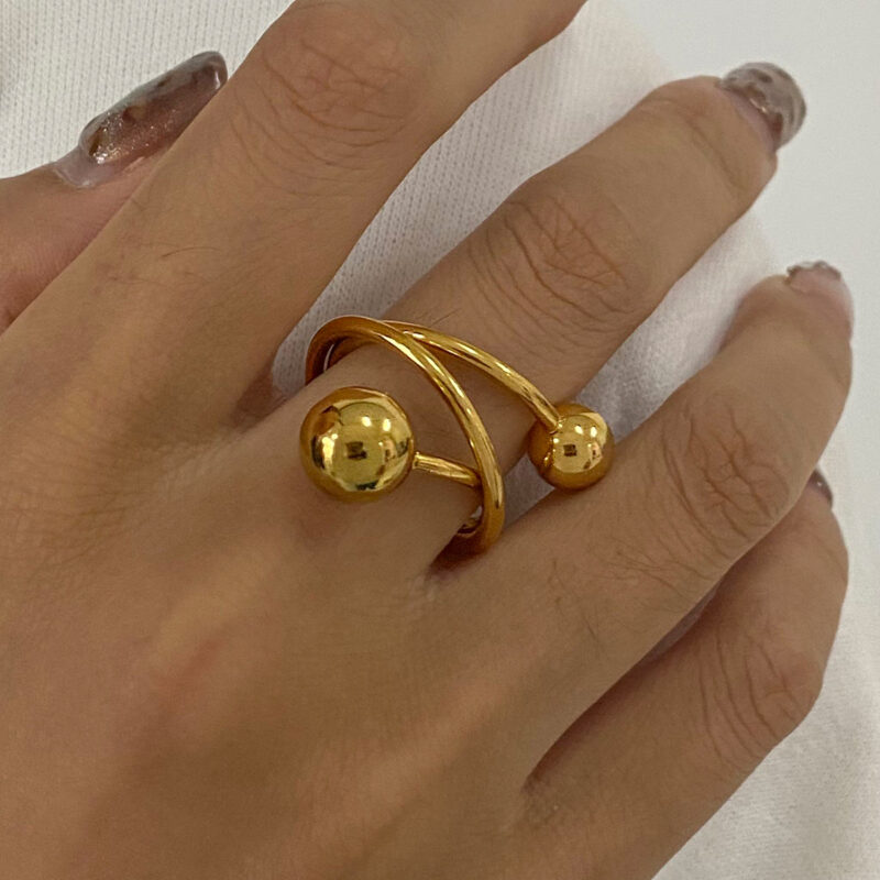 Modern 18K Gold Stainless Steel Personalized Ball Three-Layer Line Winding Rings - Image 2
