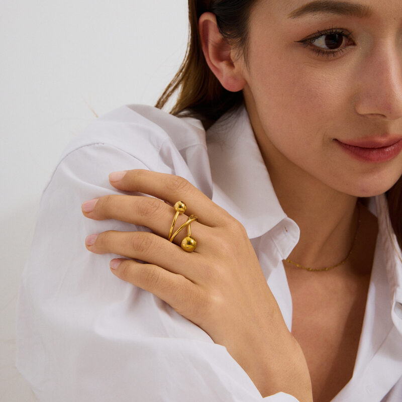 Modern 18K Gold Stainless Steel Personalized Ball Three-Layer Line Winding Rings - Image 5