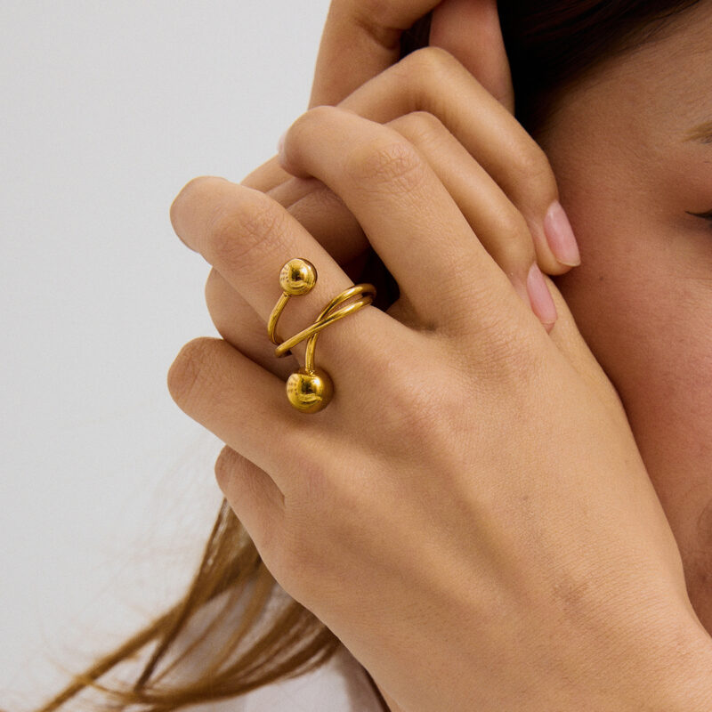 Modern 18K Gold Stainless Steel Personalized Ball Three-Layer Line Winding Rings - Image 3