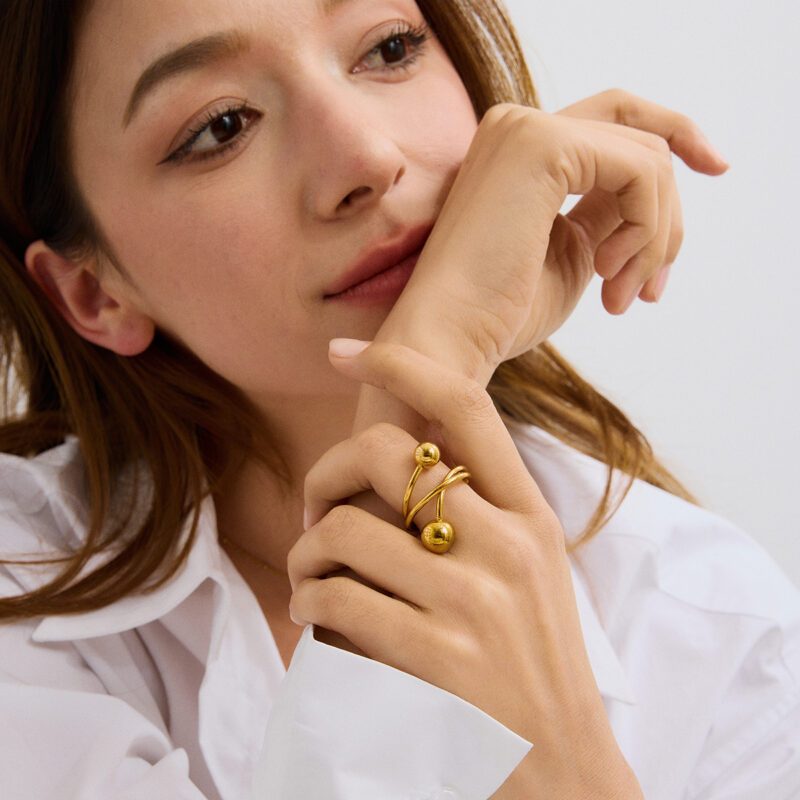 Modern 18K Gold Stainless Steel Personalized Ball Three-Layer Line Winding Rings - Image 4