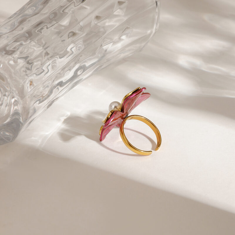 18K Gold Stainless Steel Adjustable Trendy Romantic Jewelry Pink Enamel Glass Pearl Flower Open Ring - Image 4
