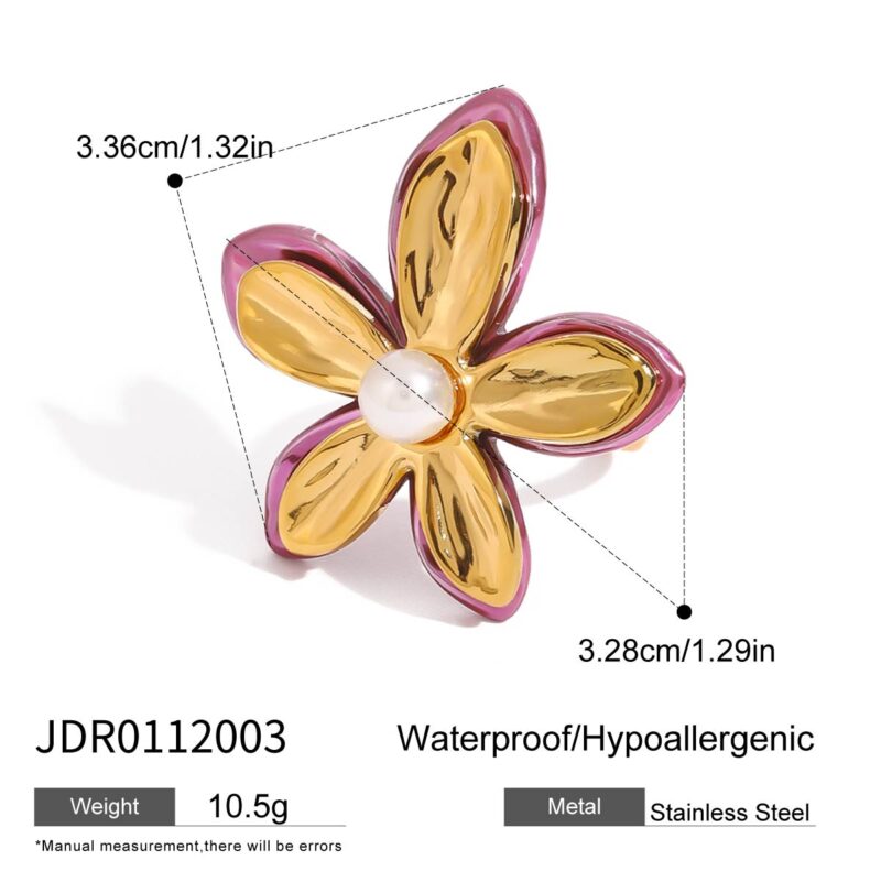 18K Gold Stainless Steel Adjustable Trendy Romantic Jewelry Pink Enamel Glass Pearl Flower Open Ring - Image 5