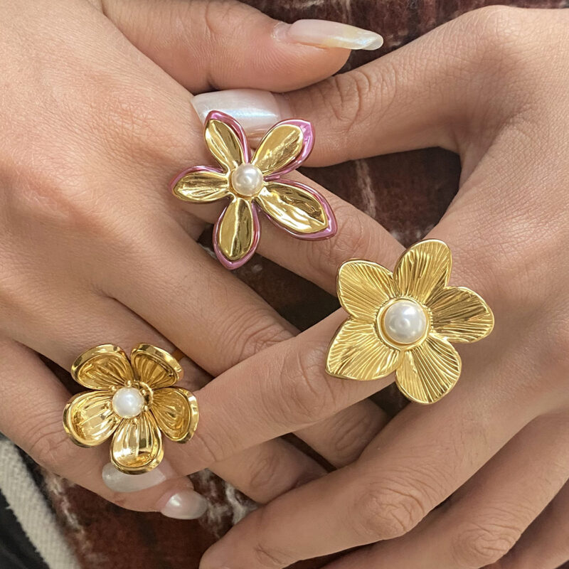 18K Gold Stainless Steel Adjustable Trendy Romantic Jewelry Pink Enamel Glass Pearl Flower Open Ring - Image 3