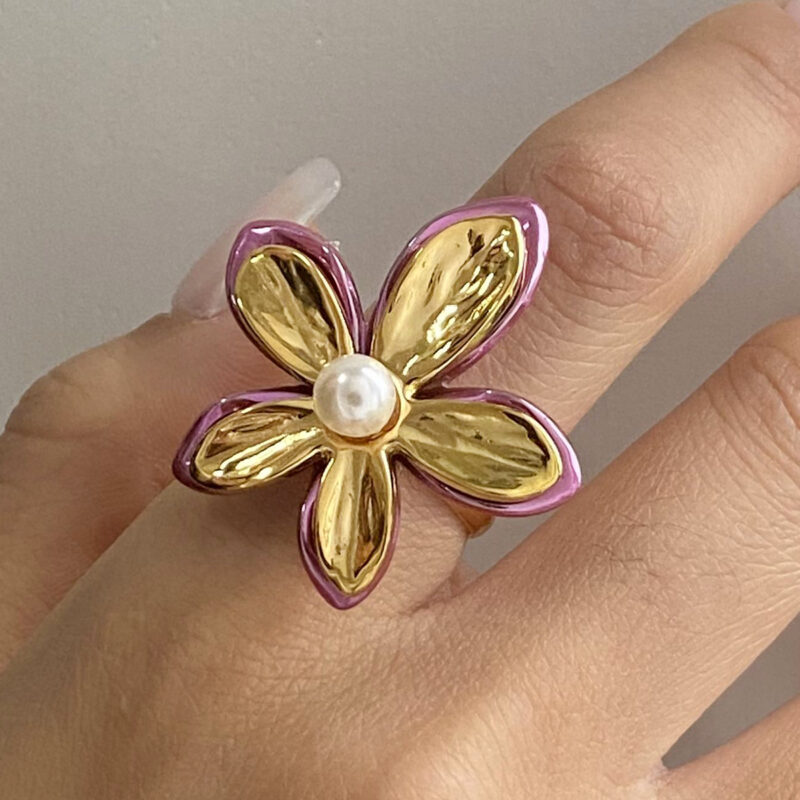 18K Gold Stainless Steel Adjustable Trendy Romantic Jewelry Pink Enamel Glass Pearl Flower Open Ring - Image 2