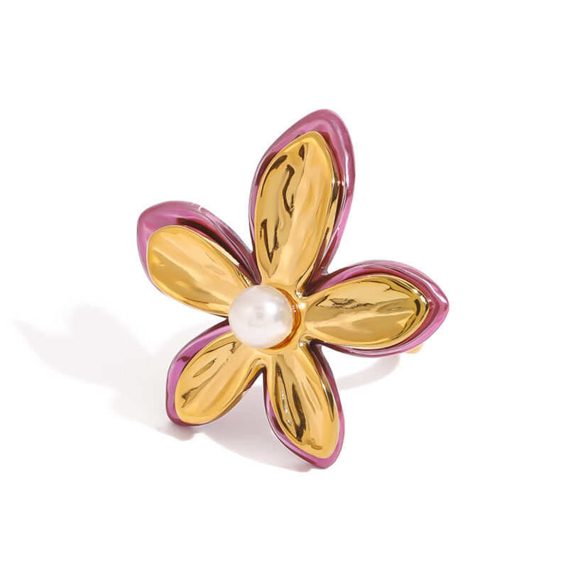 18K Gold Stainless Steel Adjustable Trendy Romantic Jewelry Pink Enamel Glass Pearl Flower Open Ring