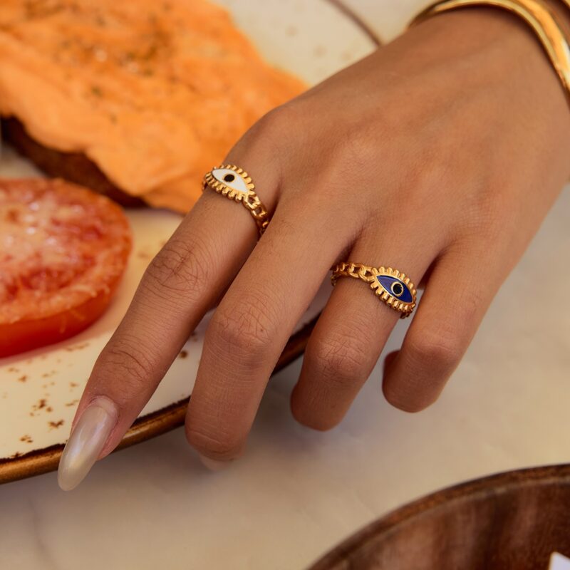 J&D European and American Popular Stainless Steel Black and White Oil Drop Devil's Eye Opening Ring Personality Jewelry - Image 2