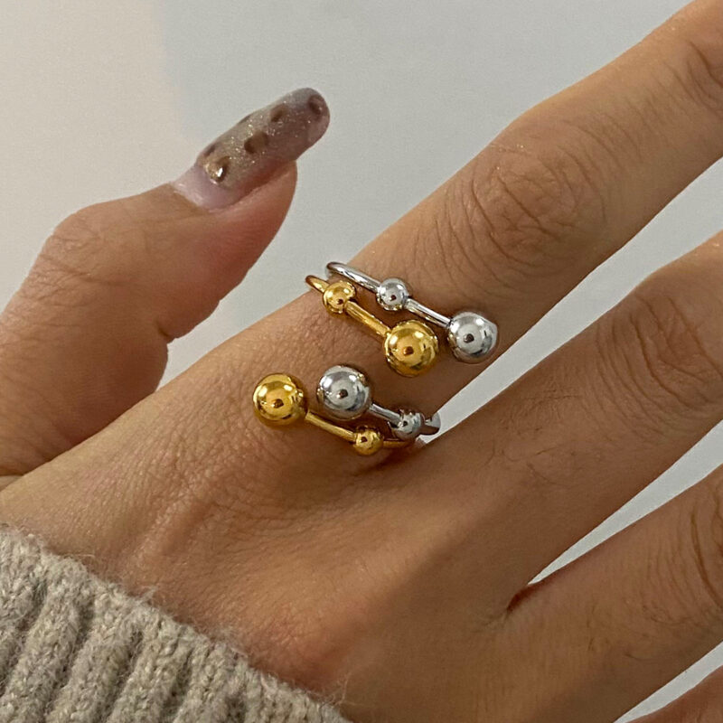 Minimalist Two Tone Exaggerated Personality Multi Layer Irregular Steel Ball Ring 18k Gold Plated Stainless Steel - Image 2
