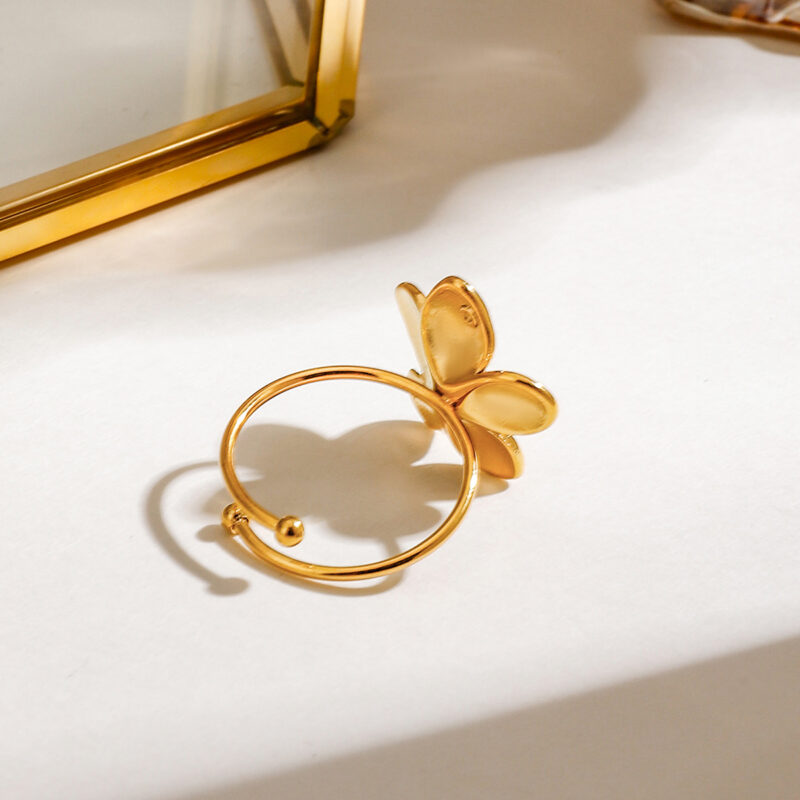 18K Gold Romantic Jewelry Stainless Steel Flower Adjustable Open Ring Sweet - Image 4
