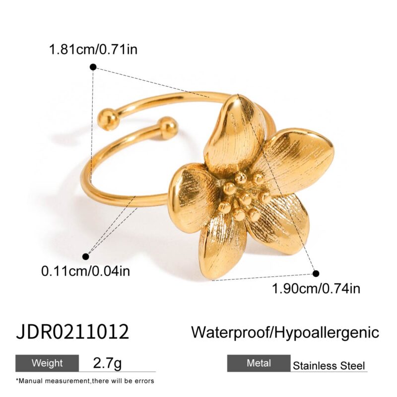 18K Gold Romantic Jewelry Stainless Steel Flower Adjustable Open Ring Sweet - Image 5