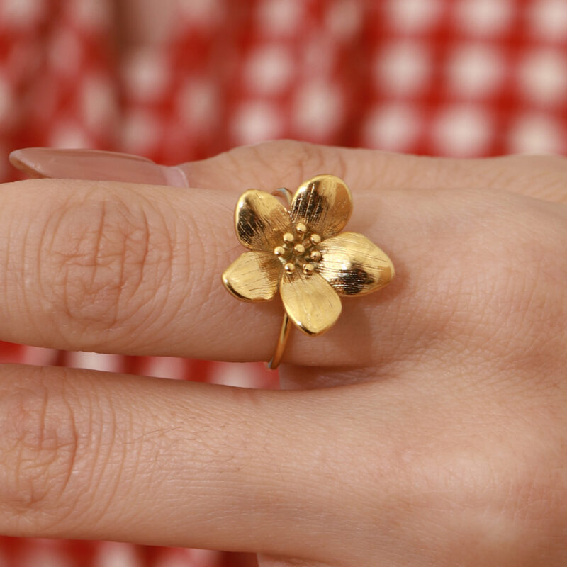 18K Gold Romantic Jewelry Stainless Steel Flower Adjustable Open Ring Sweet - Image 3