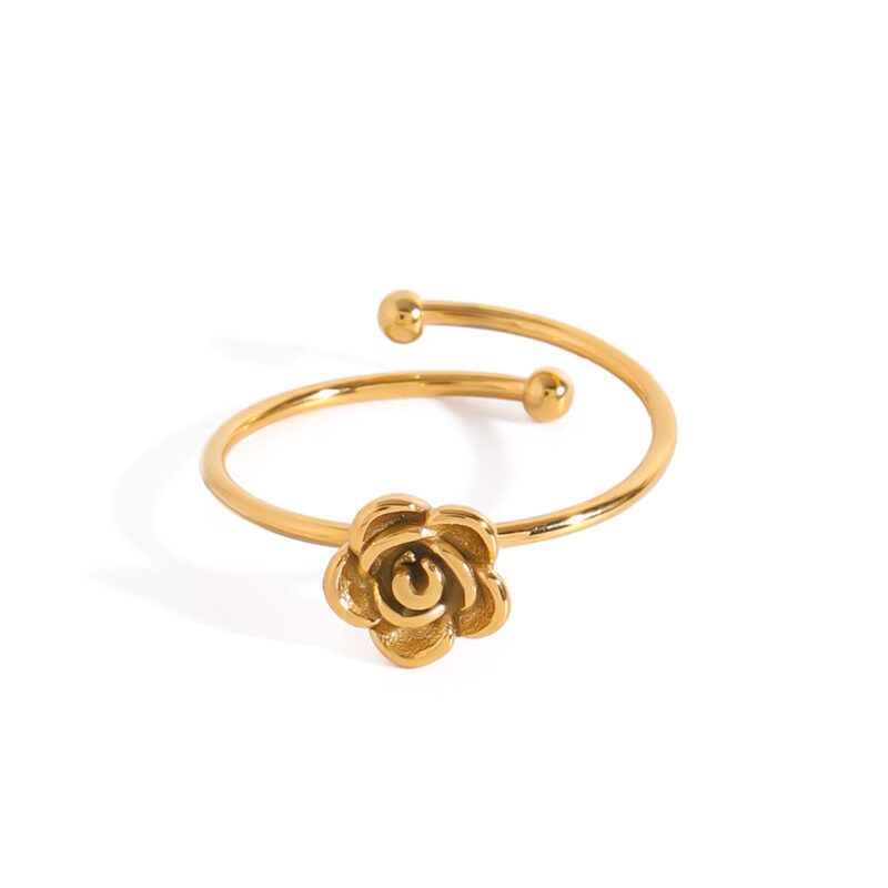 18K Gold Romantic Jewelry Stainless Steel Flower Adjustable Open Ring Sweet