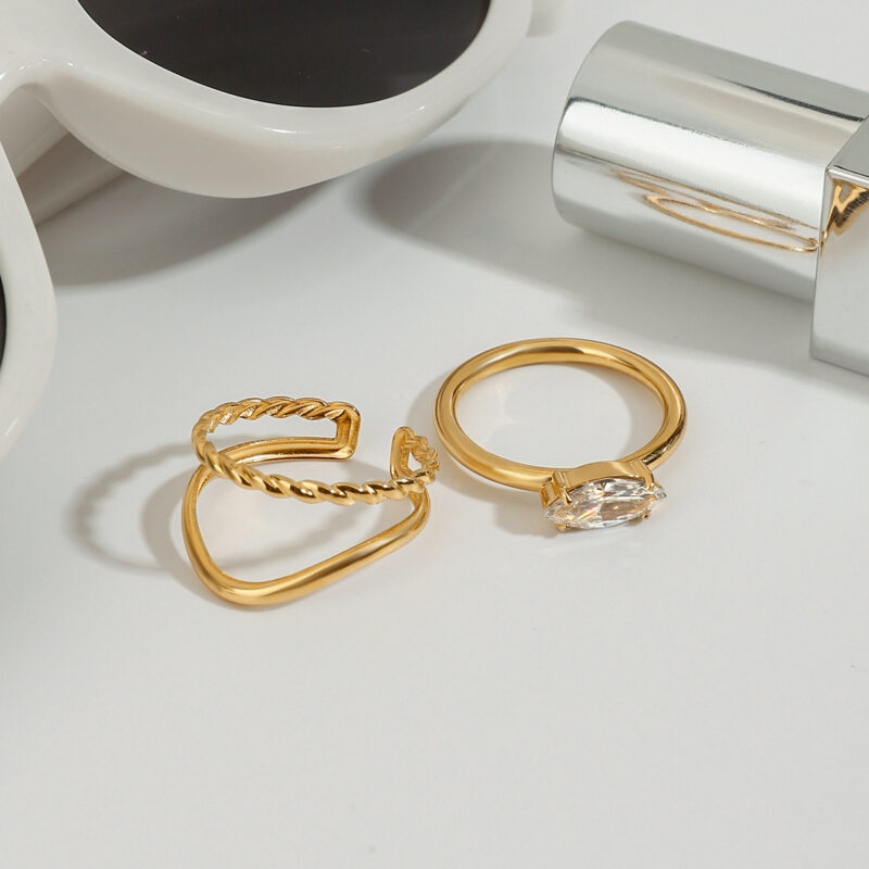 18K Gold Stainless Steel White Diamond Marquise Shaped Diamond and Two-Layer Hollow Braided Stackable Rings Set - Image 7