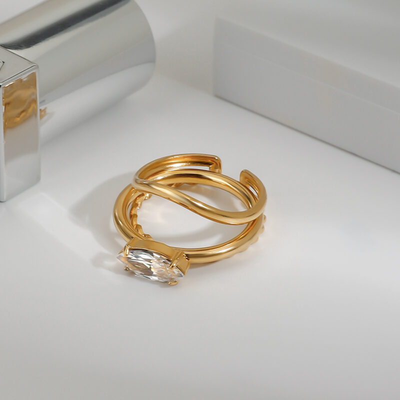 18K Gold Stainless Steel White Diamond Marquise Shaped Diamond and Two-Layer Hollow Braided Stackable Rings Set - Image 6