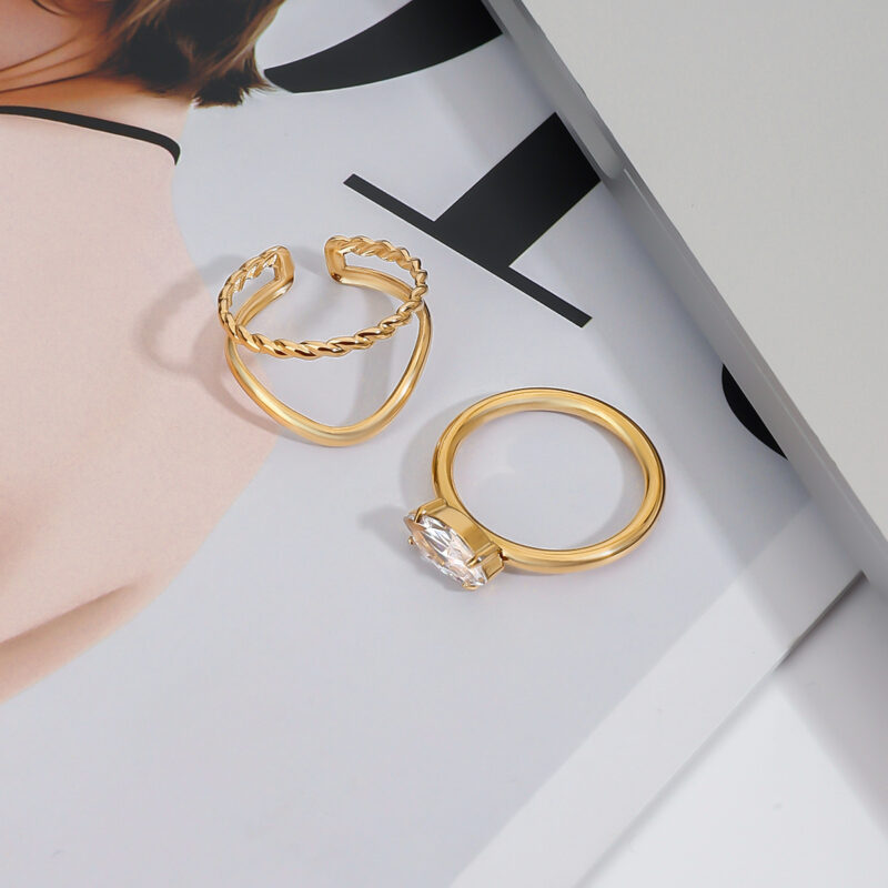 18K Gold Stainless Steel White Diamond Marquise Shaped Diamond and Two-Layer Hollow Braided Stackable Rings Set - Image 5