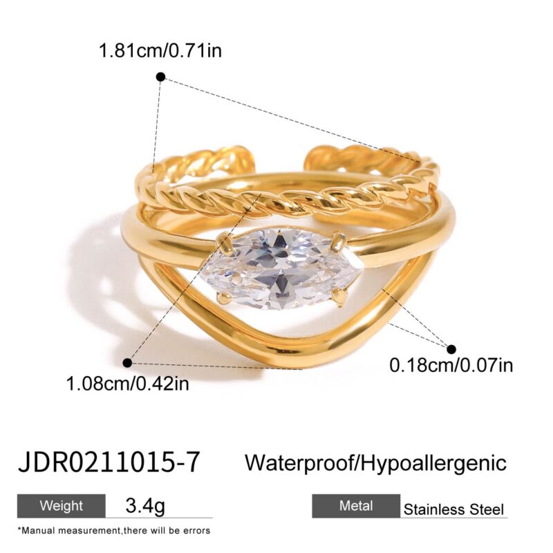 18K Gold Stainless Steel White Diamond Marquise Shaped Diamond and Two-Layer Hollow Braided Stackable Rings Set - Image 10