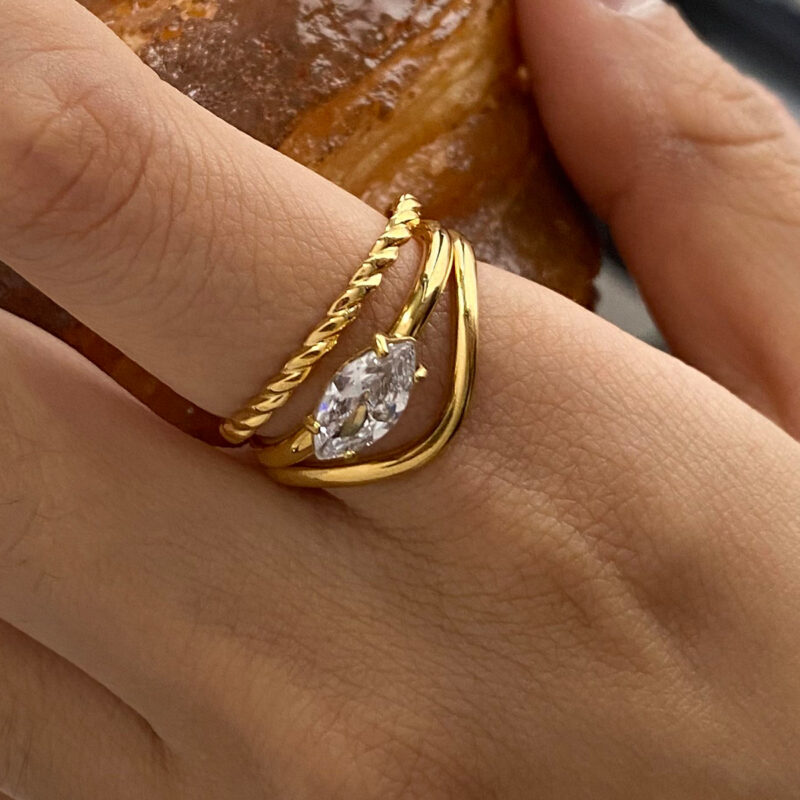 18K Gold Stainless Steel White Diamond Marquise Shaped Diamond and Two-Layer Hollow Braided Stackable Rings Set - Image 4