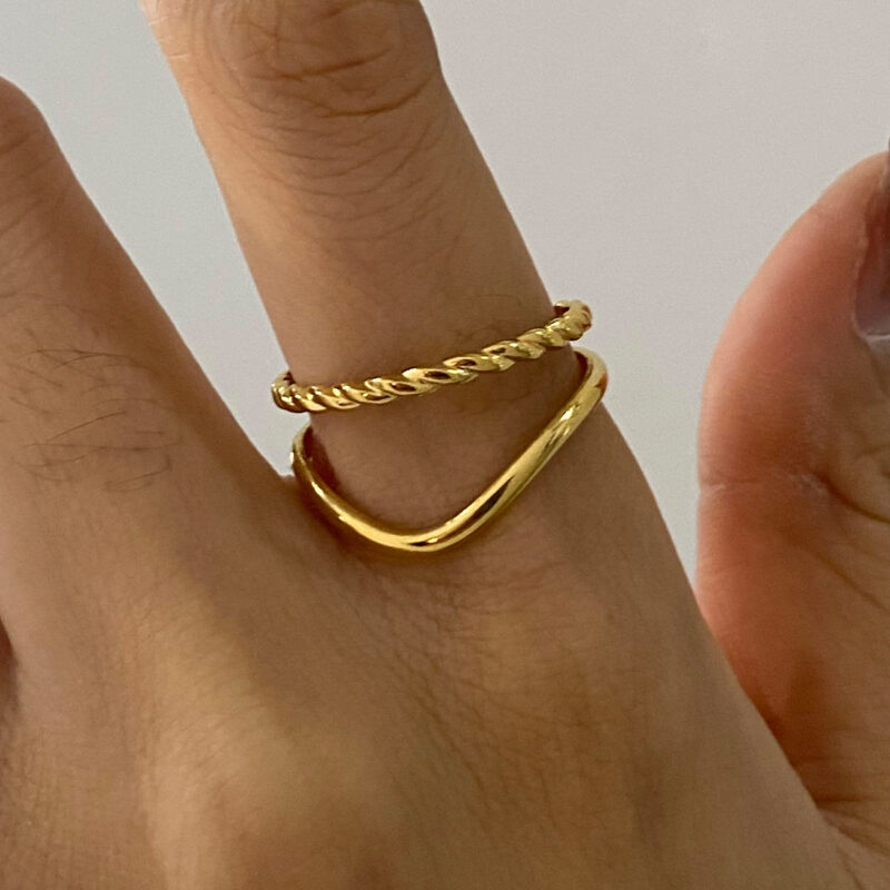 18K Gold Stainless Steel White Diamond Marquise Shaped Diamond and Two-Layer Hollow Braided Stackable Rings Set - Image 3