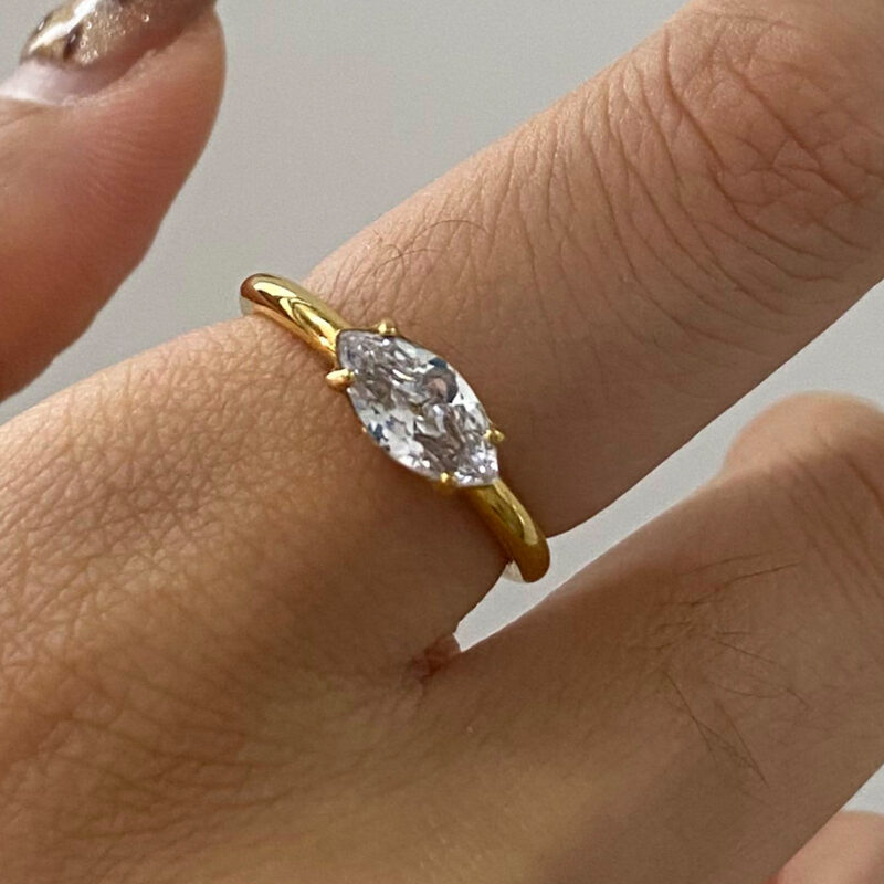 18K Gold Stainless Steel White Diamond Marquise Shaped Diamond and Two-Layer Hollow Braided Stackable Rings Set - Image 8