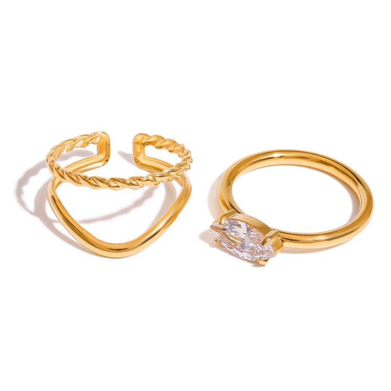18K Gold Stainless Steel White Diamond Marquise Shaped Diamond and Two-Layer Hollow Braided Stackable Rings Set - Image 2